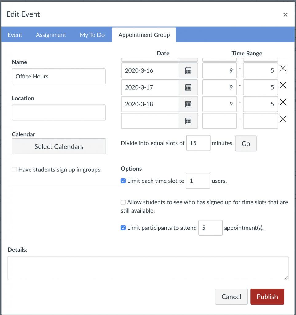 Appointment Group settings in Canvas Calendar