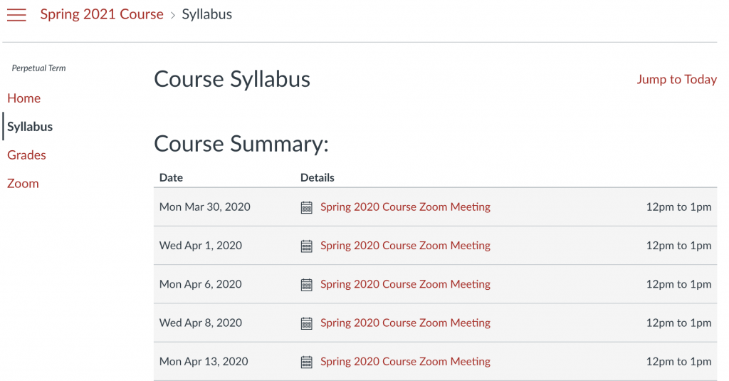 Canvas Syllabus Course Summary with prior Zoom events
