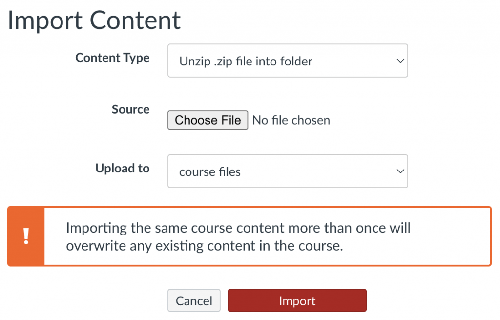 Import Content page