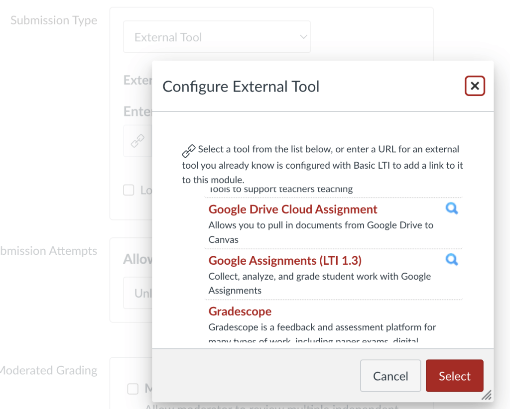 External tools available in Canvas Assignments