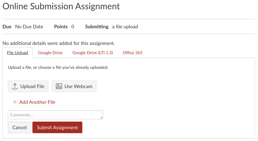 Options for uploading files for assignment submissions